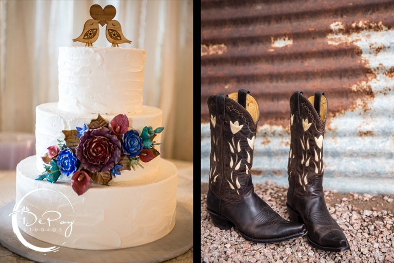 Wedding details, Wedding cake, wedding boots, DePoy Studios, wedding photographers, Gilbert weddings