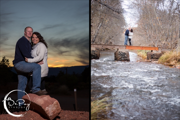 DePoy Studios, Flagstaff wedding photographer, Sedona, Sedona engagement, Sedona engagement location, Sedona engagement photo, photo, love, couple, water, sunset, Flagstaff Ranch