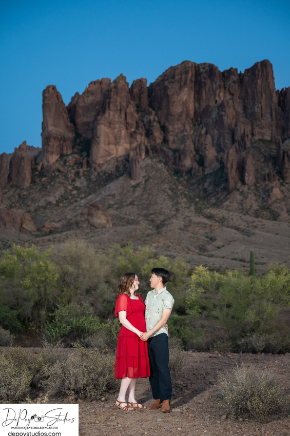Lost Dutchman State Park engagement photos. Sunset engagement photographer.